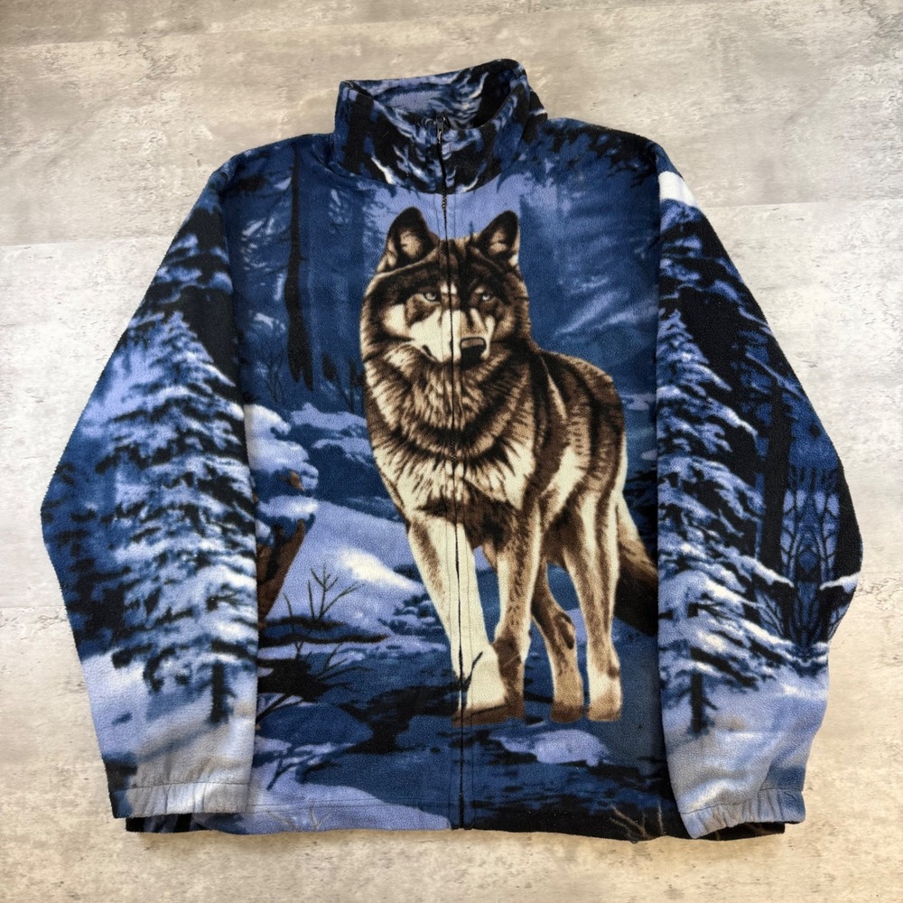 Wild Kind Wolf Graphic Fleece Jacket Blue Forest Full Zip Mens XL Nature Print